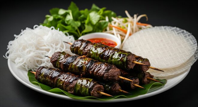Skewers of B&ograve; L&aacute; Lốt (Grilled beef wrapped in aromatic betel leaves) served on a platter with rice vermicelli, rice paper for wrapping, and various herbs. The leaves are charred and glistening with oi