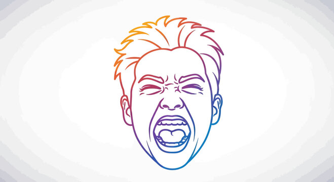 Man screaming, angry face, colorful outline, white background