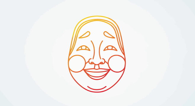Japanese Noh Mask Illustration, Traditional Art, Outline Drawing, Orange Gradient