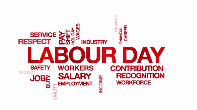 Labour day concept Animated Tag Word Cloud kinetic typography, Text Design Animation typography seamless loop video motion graphics Intro Wordart tagcloud red type on white background bg backdrop camp