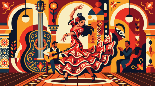 Vibrant illustration of a passionate Flamenco dancer captivating the audience with spirited moves, surrounded by traditional Spanish architecture and accompanying live music in a rich cultural scene
