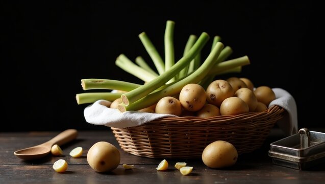 A close-up view of a wicker basket filled with fresh potatoes and green scallions, presented on a dark wooden surface, evoking a sense of freshness and wholesome produce.