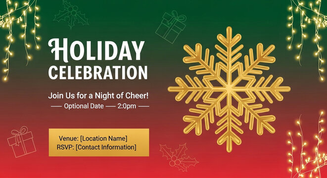 Holiday celebration invitation card with golden snowflake and lights