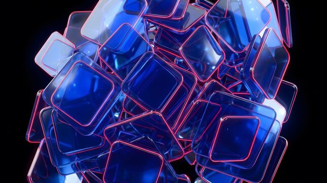 Row of transparent glass blocks aligned on a dark reflective surface transition from cool blue to warm red light highlights.