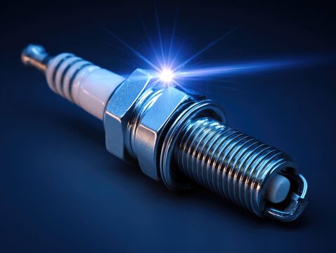 Close-up of a spark plug with a bright blue light emanating from it