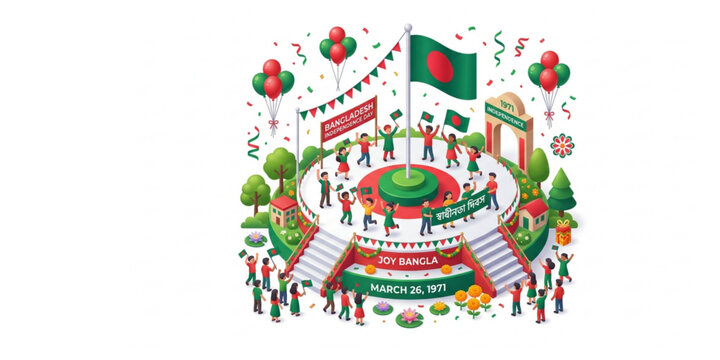 Bangladesh Independence Day isometric vector scene with celebrating people and national flag festive design