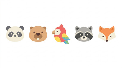 Minimal cute animal icon set with panda beaver parrot raccoon fox simple vector illustration isolated on white © Joy