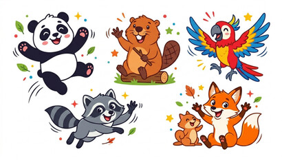 Playful cute animal vector set with panda beaver parrot raccoon fox expressive cartoon characters isolated on white © Joy