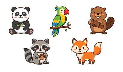 Cute animal vector set with panda bear beaver parrot raccoon fox cartoon characters isolated on white © Joy