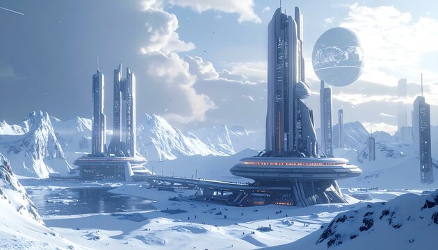 Advanced arctic city concept sleek futuristic buildings rise from snowy mountains, an advanced settlement in a frozen world under a celestial body