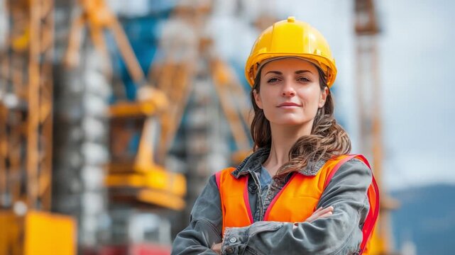 A confident female construction worker stands proudly at a building site, showcasing her dedication to her craft