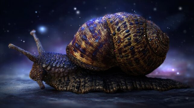 Intricate Iridescent Snail Shell with Cosmic Algorithm Patterns on a Starry Background
