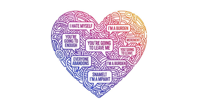 Heart with negative self-talk bubbles: I hate myself, I'm a burden, abandonment