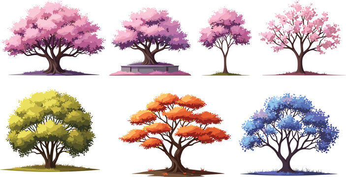 Colorful seasonal trees collection isolated on white background, decorative pink orange blue foliage for landscape botanical fantasy vector illustration design