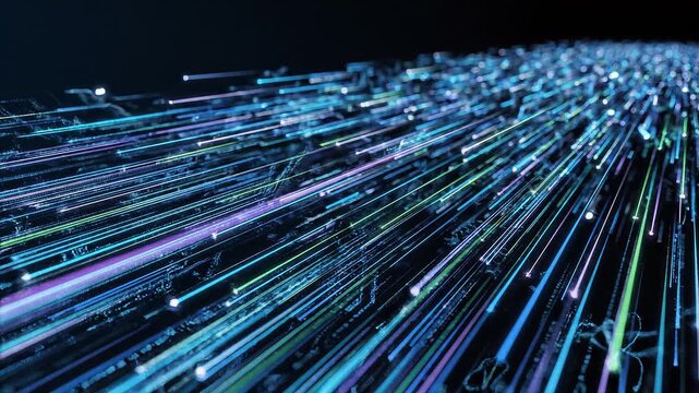 Glowing data lines flowing diagonally with particles on screen