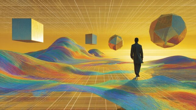 Man walks through colorful, geometric, abstract digital landscape