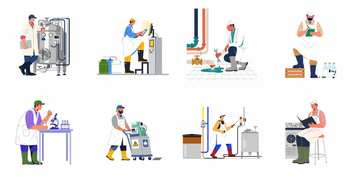 Set of dairy factory workers performing various industrial tasks including machine operation, maintenance, laboratory testing, and quality control in a food production plant.