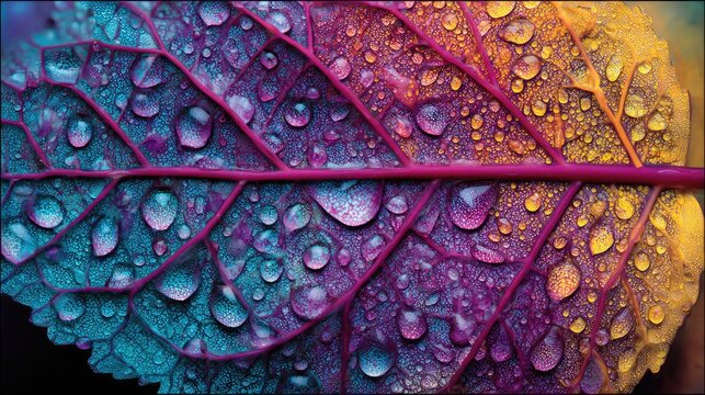 Vibrant leaf with dew drops, illuminated by warm and cool light