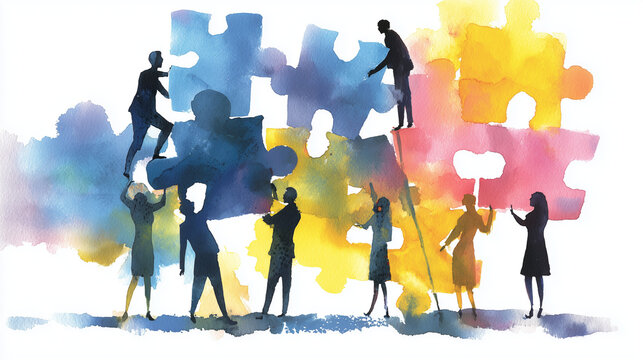 Watercolor illustration of a diverse business team collaborating to solve a puzzle