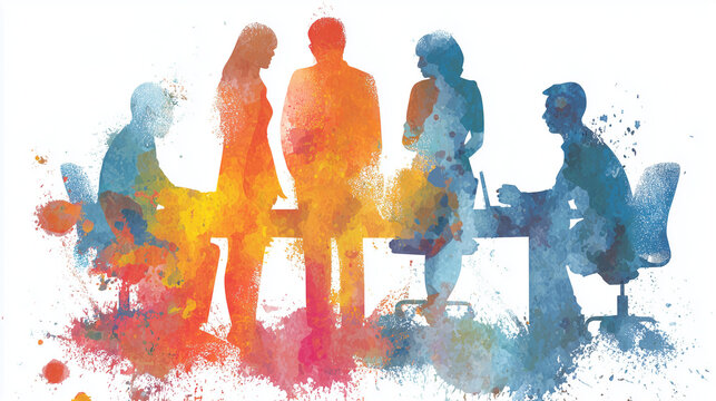 Abstract watercolor silhouette of a business team collaborating in an office setting