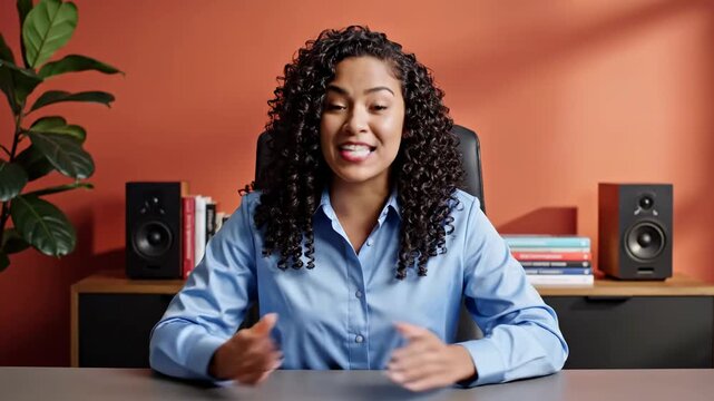 Confident Professional Woman Smiling at Desk in Modern Home Office for Corporate Training and Remote Work Communication.