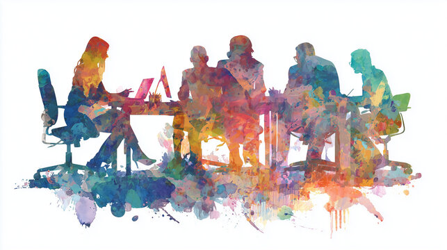 Watercolor silhouette of a business team in an office meeting