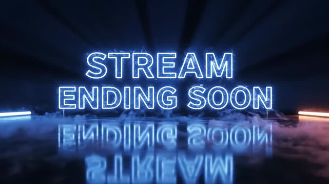Cinematic Neon Overlay featuring glowing blue Stream Ending Soon text with volumetric light and smoke for Twitch streamers and live broadcast transitions.