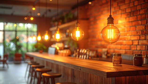 Warm and cozy interior design of a rustic wooden bar or lounge with ambient pendant lighting and textured brick walls, perfect for hospitality and restaurant concepts.