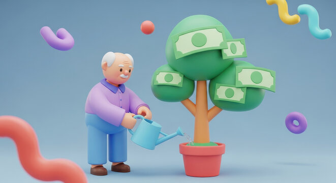 3d style illustration of an elderly pensioner caring for a large money tree with cash representing retirement savings and financial security