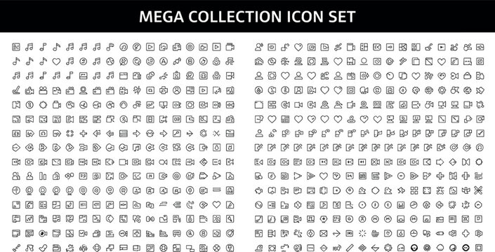Mega collection line icon set with multimedia interface communication navigation and universal symbols for web and application design