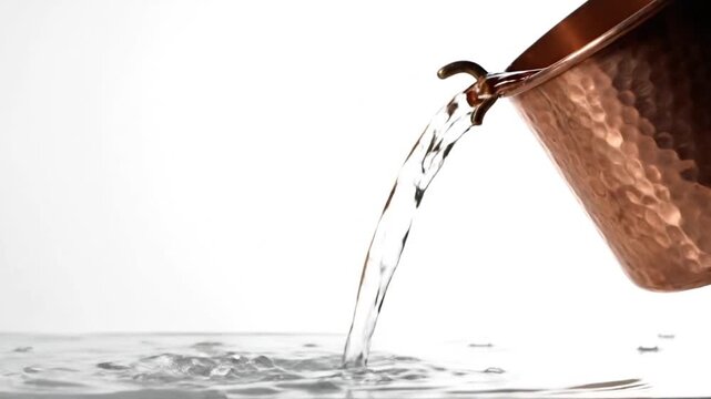 Copper pot pouring water slowly with clean bright background realistic flow empty space