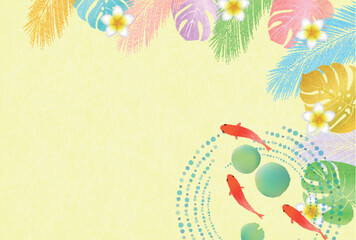 Fototapeta premium Tropical Summer Background with Goldfish and Plumeria Flowers