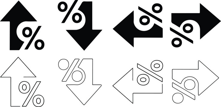 Percentage growth and decline icons set. Percent arrow up and down flat and line style symbols collection - stock vector.