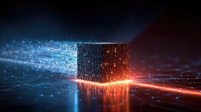 Abstract cube with data streams flowing and glowing