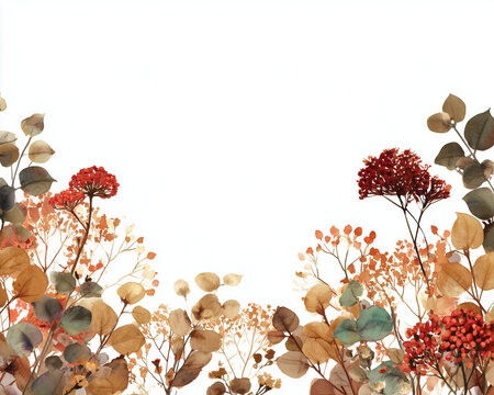 Autumnal watercolor floral frame with dried leaves and red berries on white background