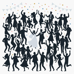 Fototapeta premium Celebration Silhouette: Dancing figures celebrate in a lively wedding reception, their silhouettes against a festive backdrop filled with confetti, exuding joy.
