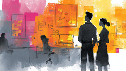 Custom vertical slats with artistic motives with your photo Creative professional team planning strategy in a colorful modern office watercolor illustration