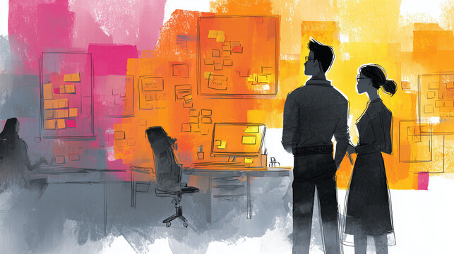 Creative professional team planning strategy in a colorful modern office watercolor illustration