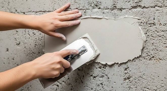 Worker applying plaster to a concrete wall with a metal trowel