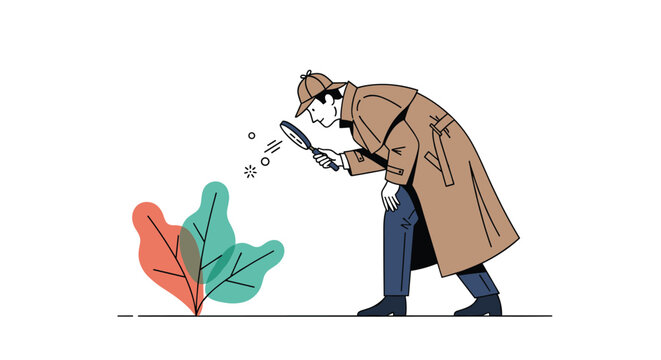 Detective in a trench coat and deerstalker hat using a magnifying glass to inspect a plant in a classic investigation.