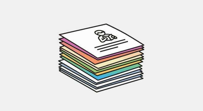 Stack of colorful papers with person icon reading on top sheet, concept of documents and information
