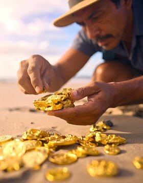 A man examines gold coins on a beach