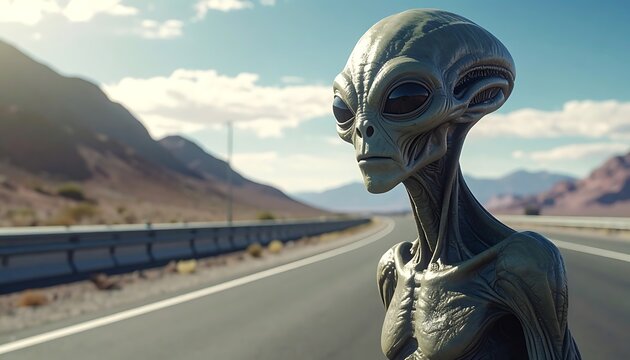 A gray alien stands on a desert highway (1)
