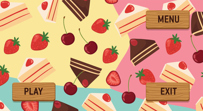 Colorful game menu background with a pattern of strawberry cherry and chocolate cake slices and wooden buttons.