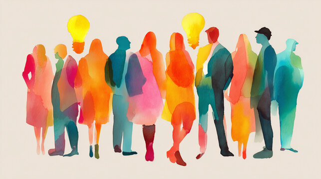 Group of diverse business professionals and startup founders standing together, colorful watercolor silhouette art