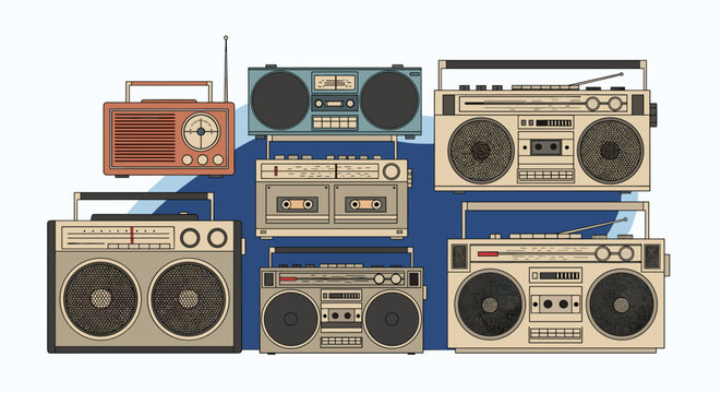 Group of vintage boombox radios and cassette players in various colors and sizes for retro music and audio themes.