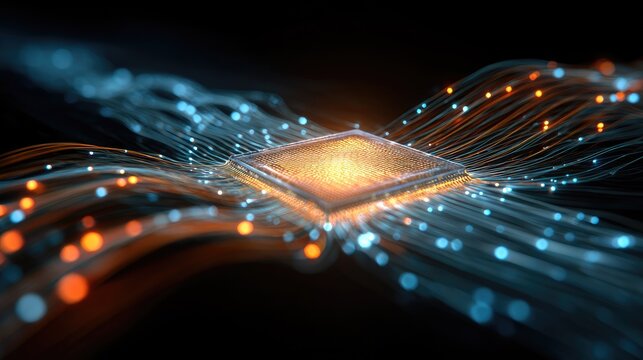 Glowing microchip with intricate energy pathways on black