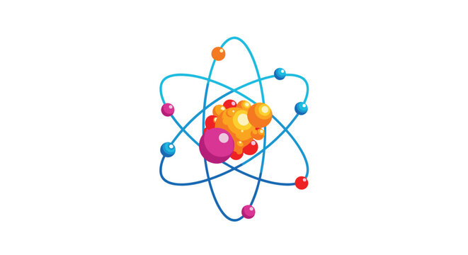 Educational colorful atomic model with electrons orbiting a nucleus of protons and neutrons on a plain white background.