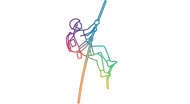 Rainbow outline of a person rappelling down a cliff with a backpack and helmet