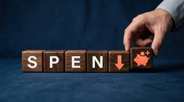 Financial spending reduction concept, wooden blocks with SPEND text and down arrow, hand placing piggy bank icon for budget savings and cost cutting